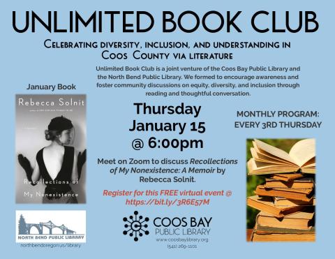 program flyer w/pic of book cover and another pic of stack of old books. Includes event details: Wed, Jan 15 @ 6:00pm on Zoom.