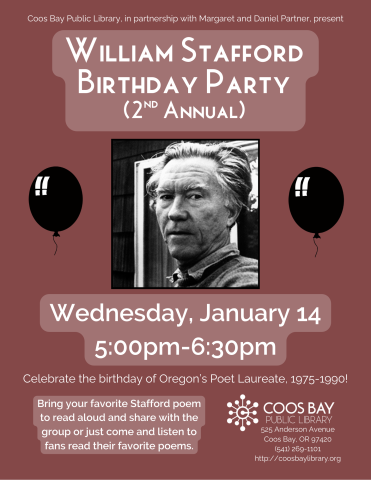 Program flyer w/b&w headshot of Stafford and details: Wednesday, January 14 from 5:00pm-6:30pm in the Myrtlewood Room at the library