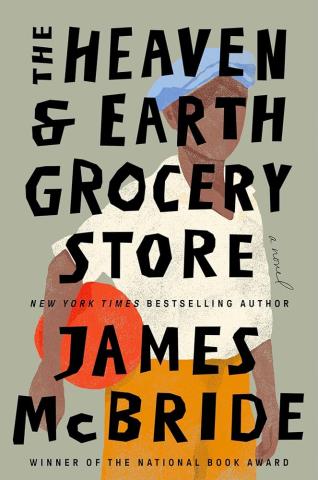 The Heaven and Earth Grocery Store by James McBride.Saturday, the 11th, at 11am, in the Myrtlewood Room. The picture is  the book cover. A drawn man stands facing fromt. He has no face, but wears a purple hat, aw hite shirt, yellow pants, and has a red ball under his arm.