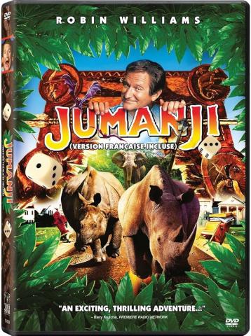 April 1st-   Jumanji (1995) Rated PG. The image is the cover of the dvd. Along the top is a bunch of green elaves, under that is the title wih a man looking over it. There a variety of jungle animals running and dice.