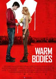 February 18th, 5:30pm-  Warm Bodies (2013) Rated PG-13. The pictore is the movie poster. Against a red background is a white painted heart. In front of the heart is a man, a zombie, handing a bouquet to a woman who is facing him.