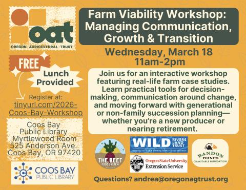 Program flyer with event details (Wednesday, March 18 from 11am-2pm, free lunch provided) and sponsor logos (Coos Bay Public Library, The Beet Food System, Wild Rivers Land Trust, Oregon Agricultural Trust, OSU Extensin Sevice, Bandon Dunes Charitable Foundation)