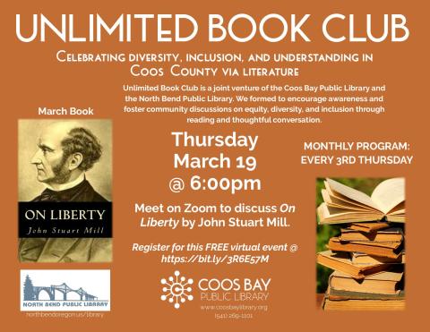 Program flyer w/pic of book cover and another pic of stack of old books. Includes event details: Wed, March 19 @ 6:00pm on Zoom. Book: On Liberty by John Stuart Mill