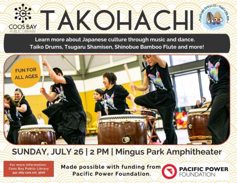 Sunday July 26 Taiko Drum Performance 2pm at Mingus Park 
