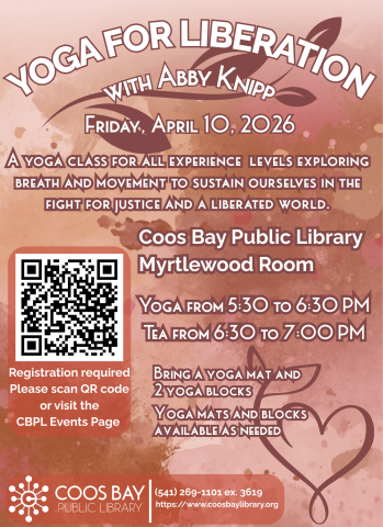 Yoga for Liberation Flyer - an all levels yoga and relaxation class on April 10, 2026 from 5:30 PM to 7:00 PM