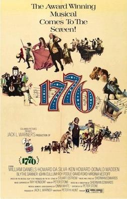 July 15th, 5:30pm,  1776 (1972) Rated PG. The image is the movie poster. Th title, 1776 is in large text in the center of teh page, with musical notes behind it.  Zigzagging around the title are people in different scenes from the movie. 