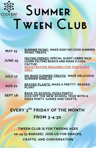 Tween Club will be meeting on the 3rd Friday of every month from 3-4:30 PM. It is open to Tweens age 9-14. 