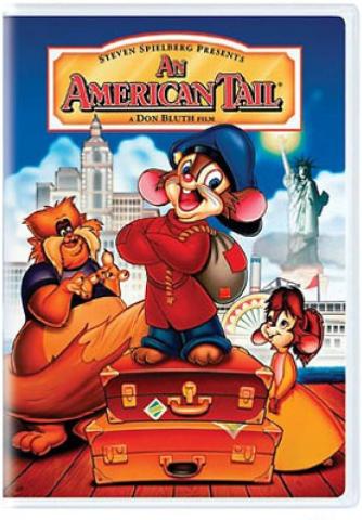 July 1st, 5:30pm,   An American Tail (1986) Rated G. The image is the movie cover. A mouse in a red shirt, blue pants, and blue hat, stands on two suitcases, a cat in a shirt stands on the ground on the left, a mouse in a dress stands on the ground on the right. The New York skyline and Statue of Liberty are in the background. 
