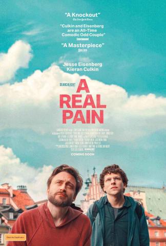 Movie Night, May 6th, 5:30pm. A Real Pain, rated R. The image is the movie cover. Two men are shown from the waist up in front of a European city. They are both looking up.