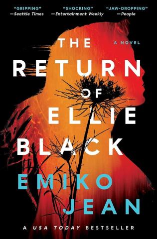 Book Brunch, Saturday the 13th at 11am. The image is the cover of the book The Return of Ellie Black by Emiko Jean. The silhouette of the upper half of a  woman in profile takes up the cover. She is in oranage with a black thistle in the middle.