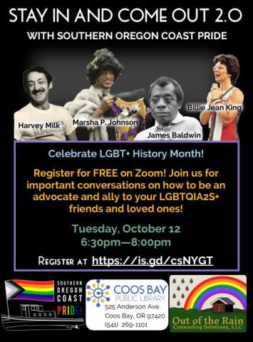 Stay in and Come out 2.0 with Southern Oregon Coast Pride and Out from the Rain Counselling