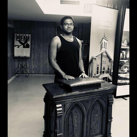 Stewart at podium used by MLK Jr in 1965