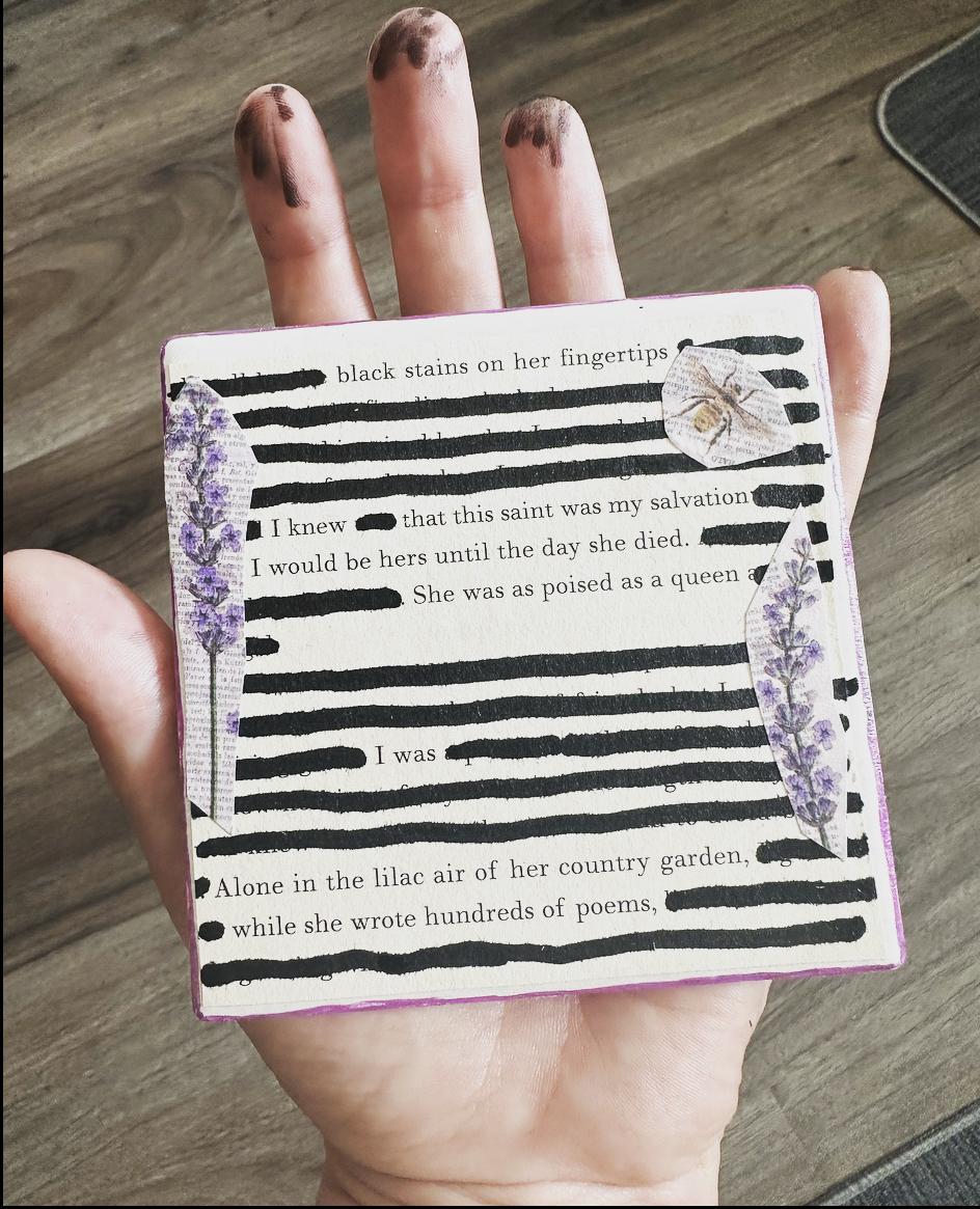 Tile coaster with blackout poetry and decoupage.