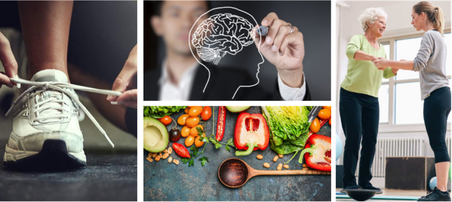 Pictures of folks living with Parkinson's and a picture of healthy food