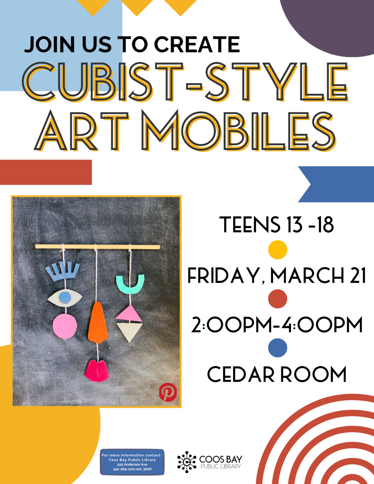 coloful, cubist-themed flyer with details for diy art mobile program for teens