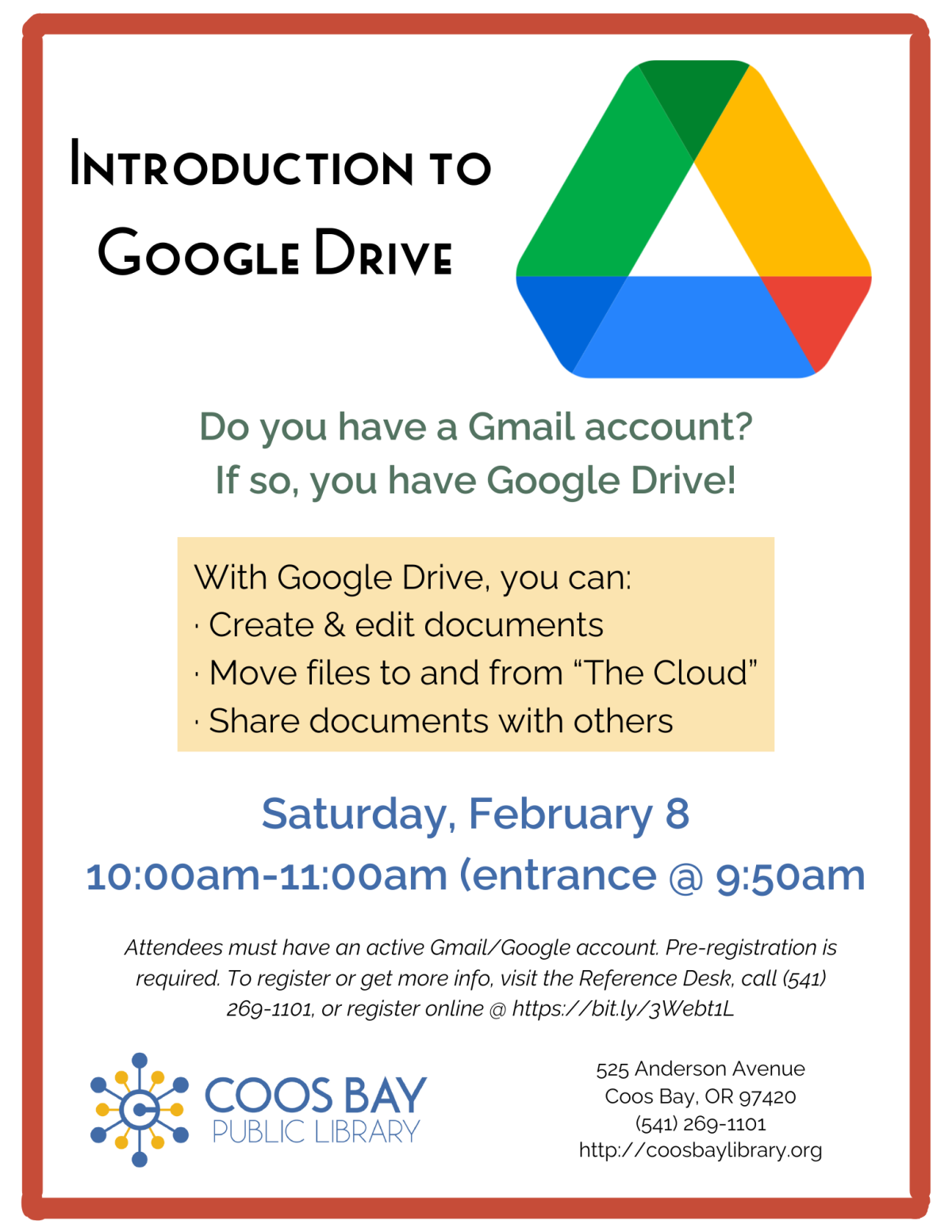 Program flyer w/Drive logo, date, time, location, contact info, etc.