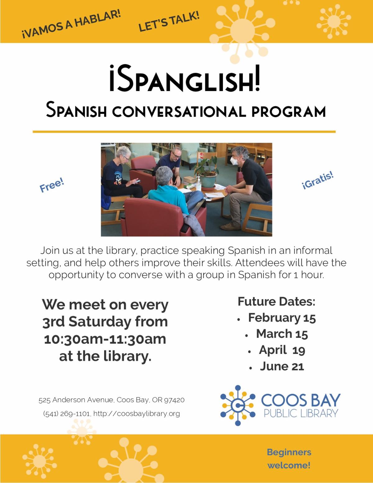 Spanglish! flyer with pic of Spanglish group chatting and dates thru June