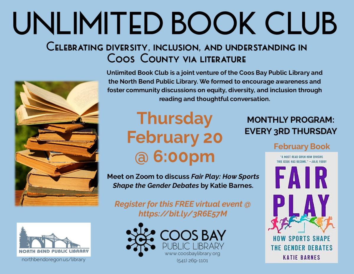 JPG of flyer with book cover, stack of old books, and program info