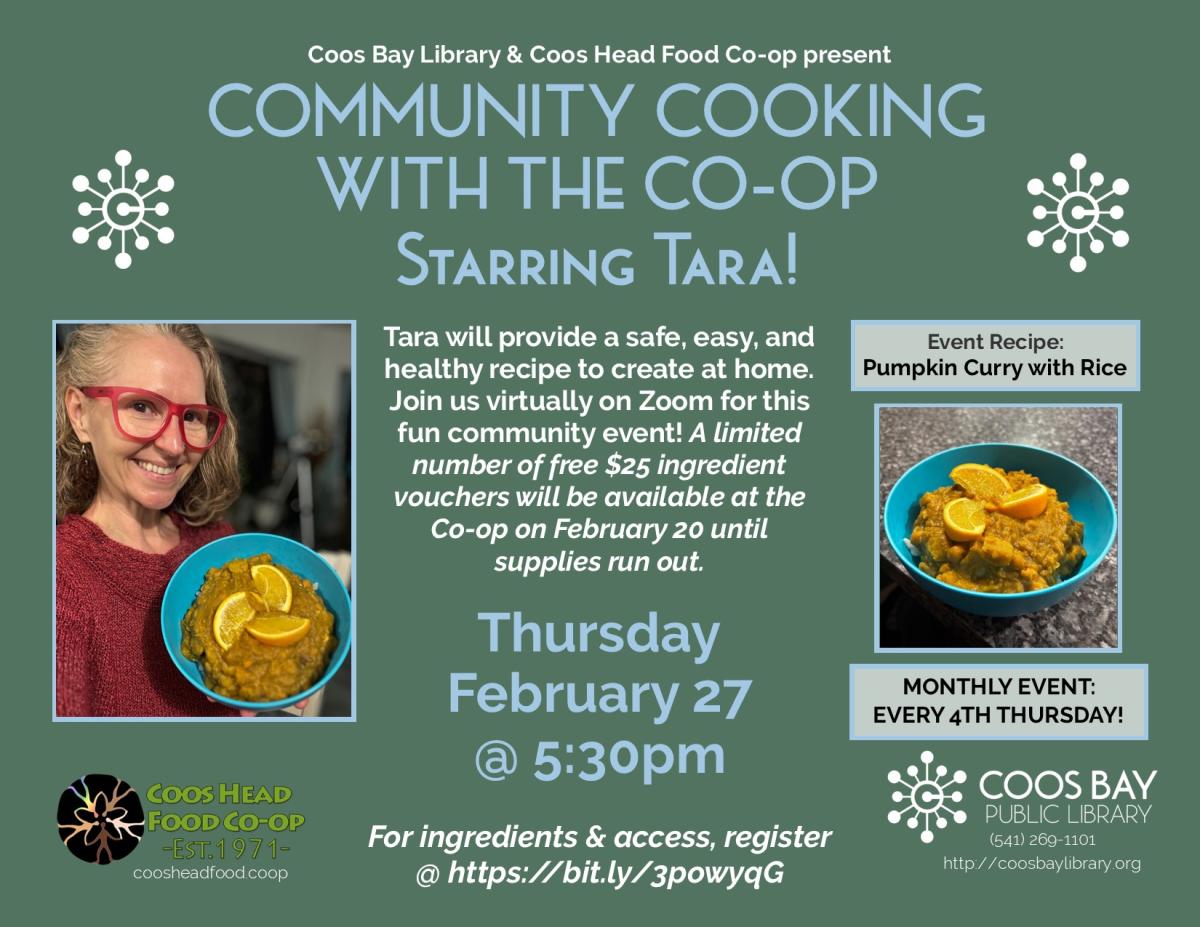 Program flyer with pic of Tara and pic of dish as well as details (time, place, etc.)