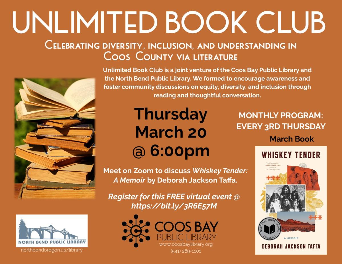 Program flyer w/book cover, pick of old books, and program info such as date, time, etc.