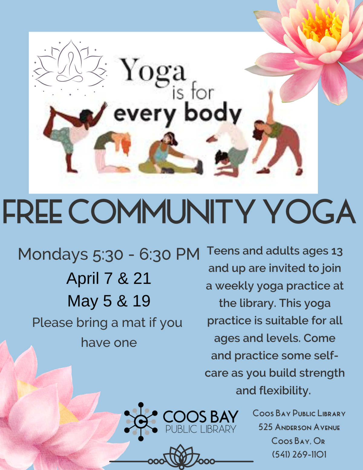 Free Yoga at the Coos Bay Library April 7 & 14 and May 5 & 19