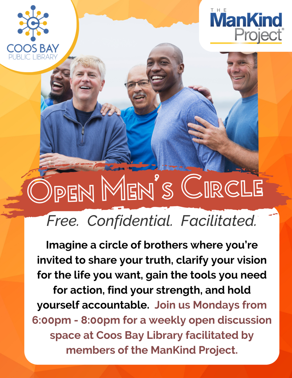 A quarter-sheet sized flyer depicting a group of smiling men with the header "Open Men's Circle".