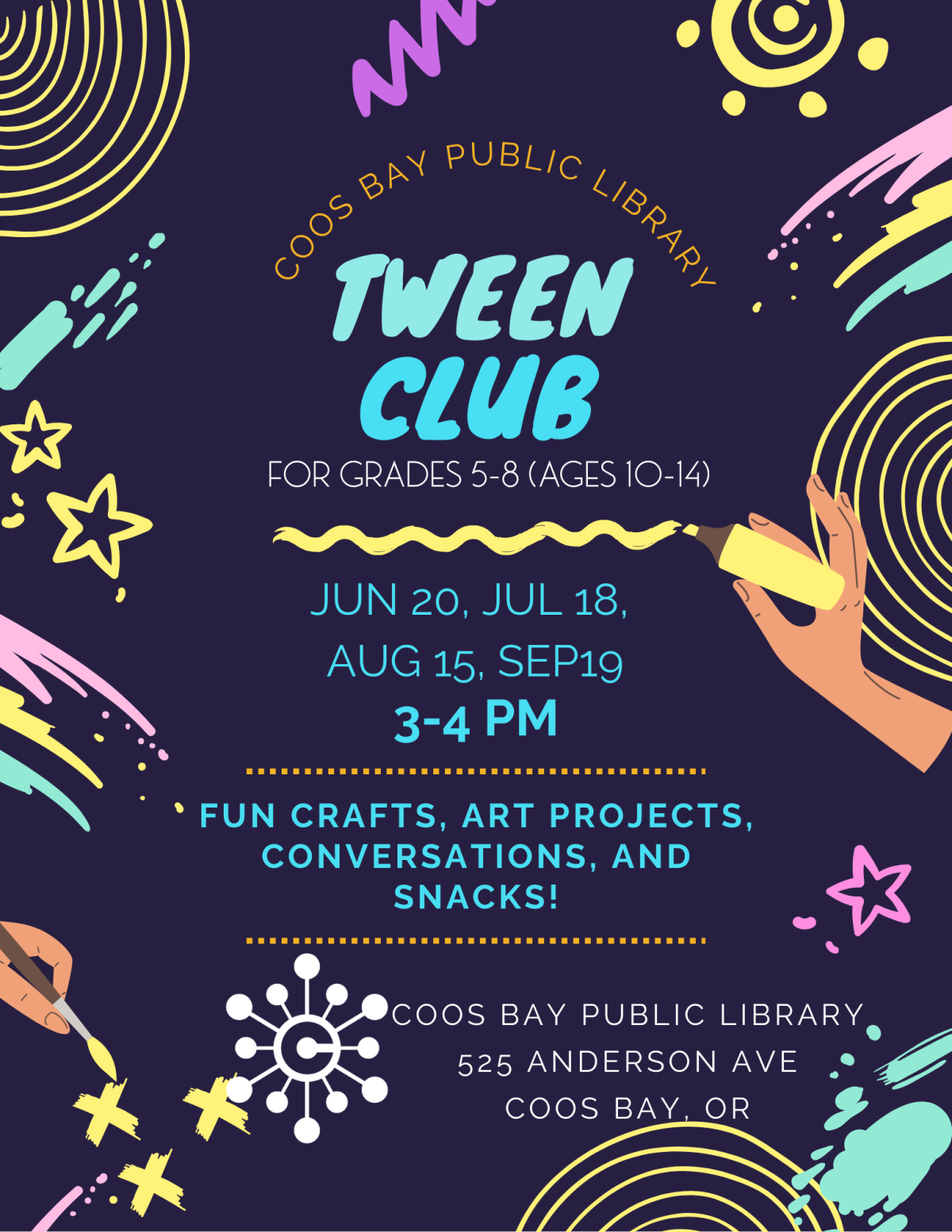 Tween Club for ages 10-14 Every third Friday from 3-4 PM at the Coos Bay Public Library