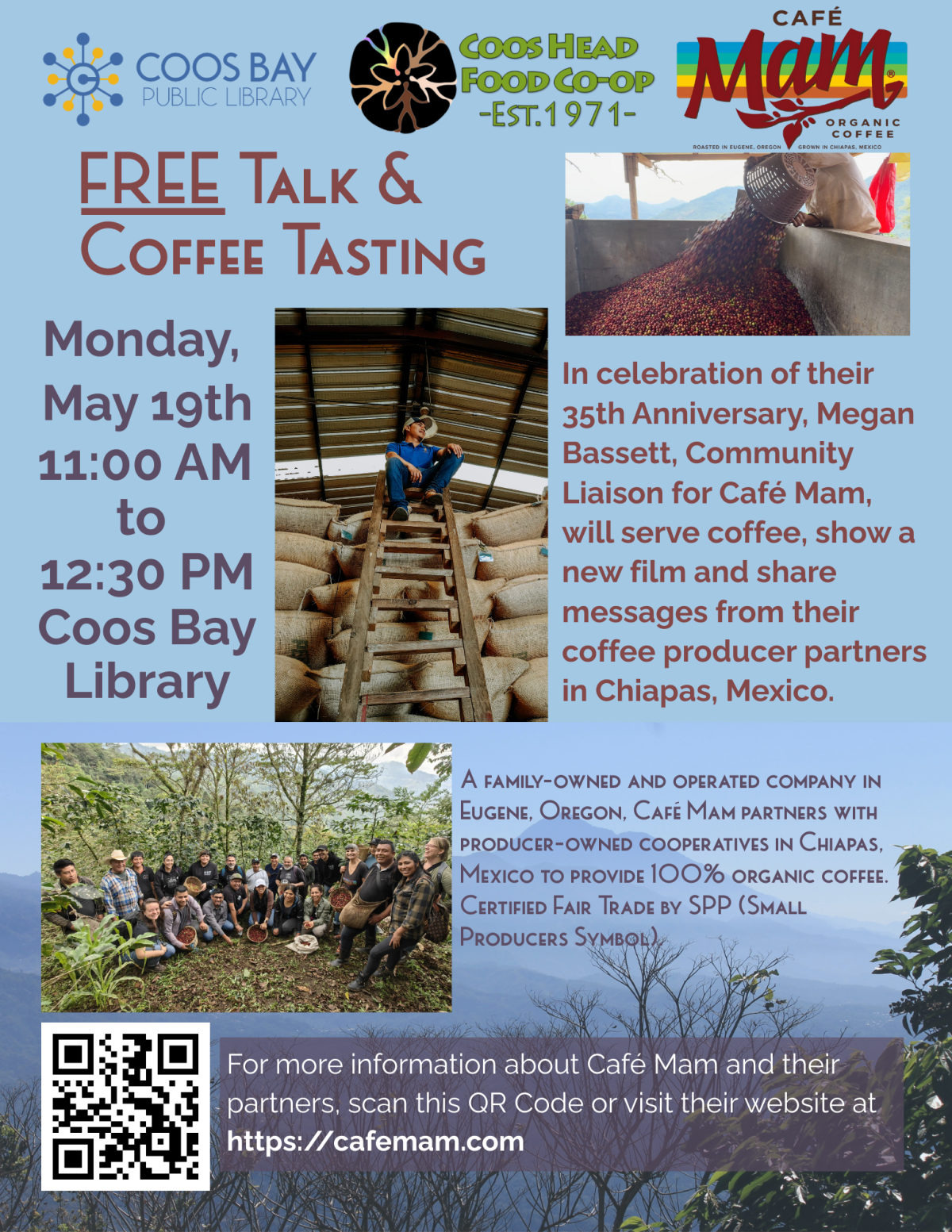 promotional poster for a free talk & coffee tasting with Coos Head Food Co-op and Cafe Mam.