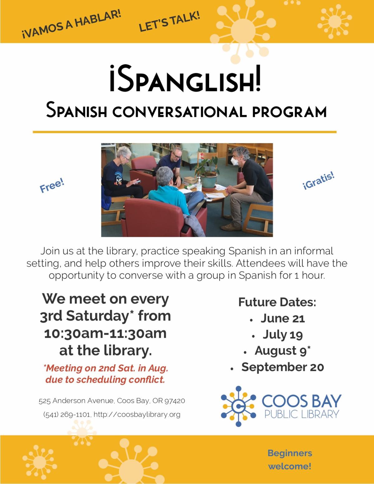Spanglish flyer with dates through September, time, place, etc. and pic of group talking