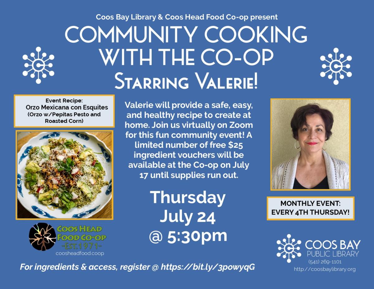 Program flyer with pic of dish and cook, blue background, white text about event