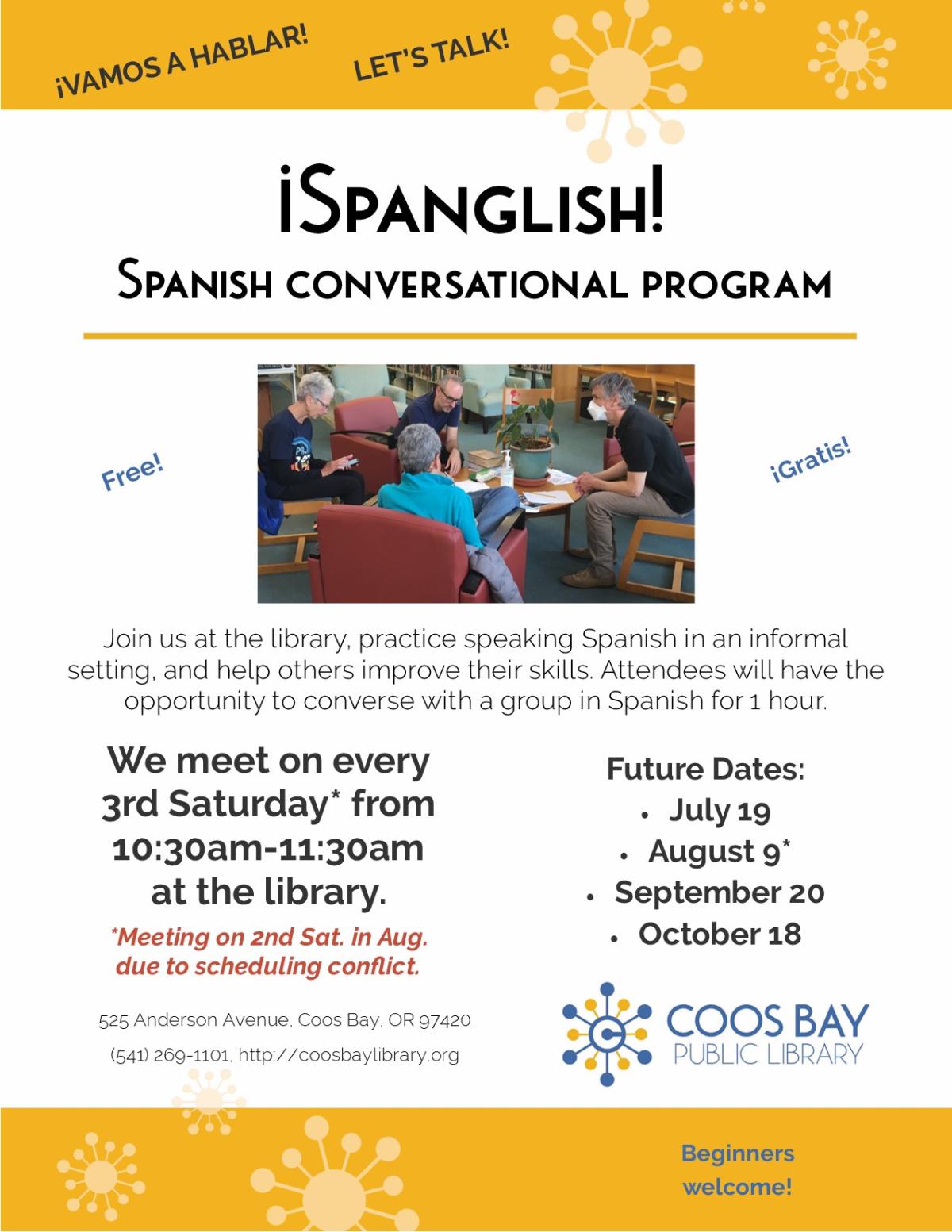 Spanglish flyer with dates through September, time, place, etc. and pic of group talking