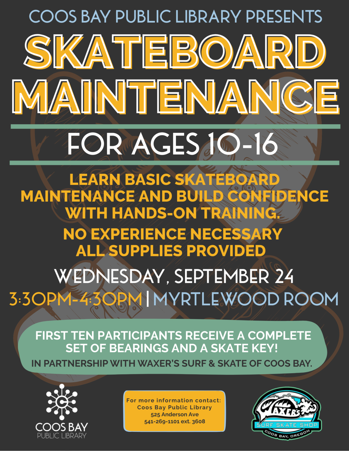 black background with text of Skateboard Maintenance Program information.