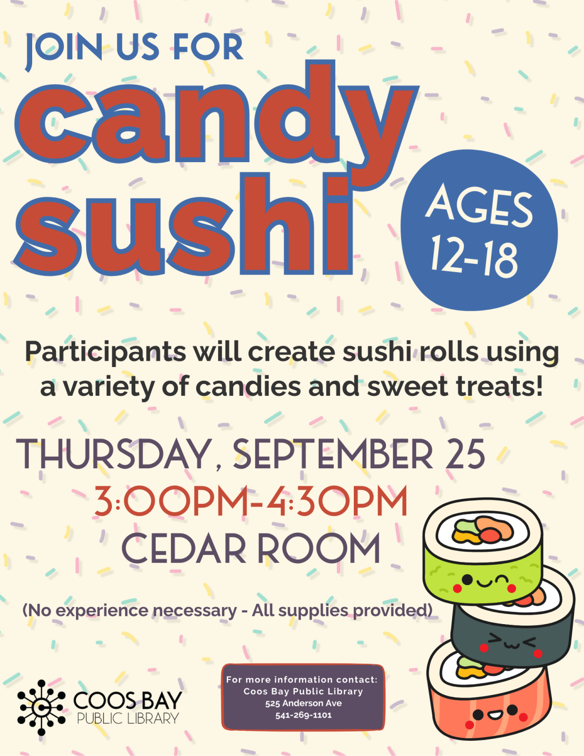 colorful flyer with details for Candy Sushi program for tweens and teens