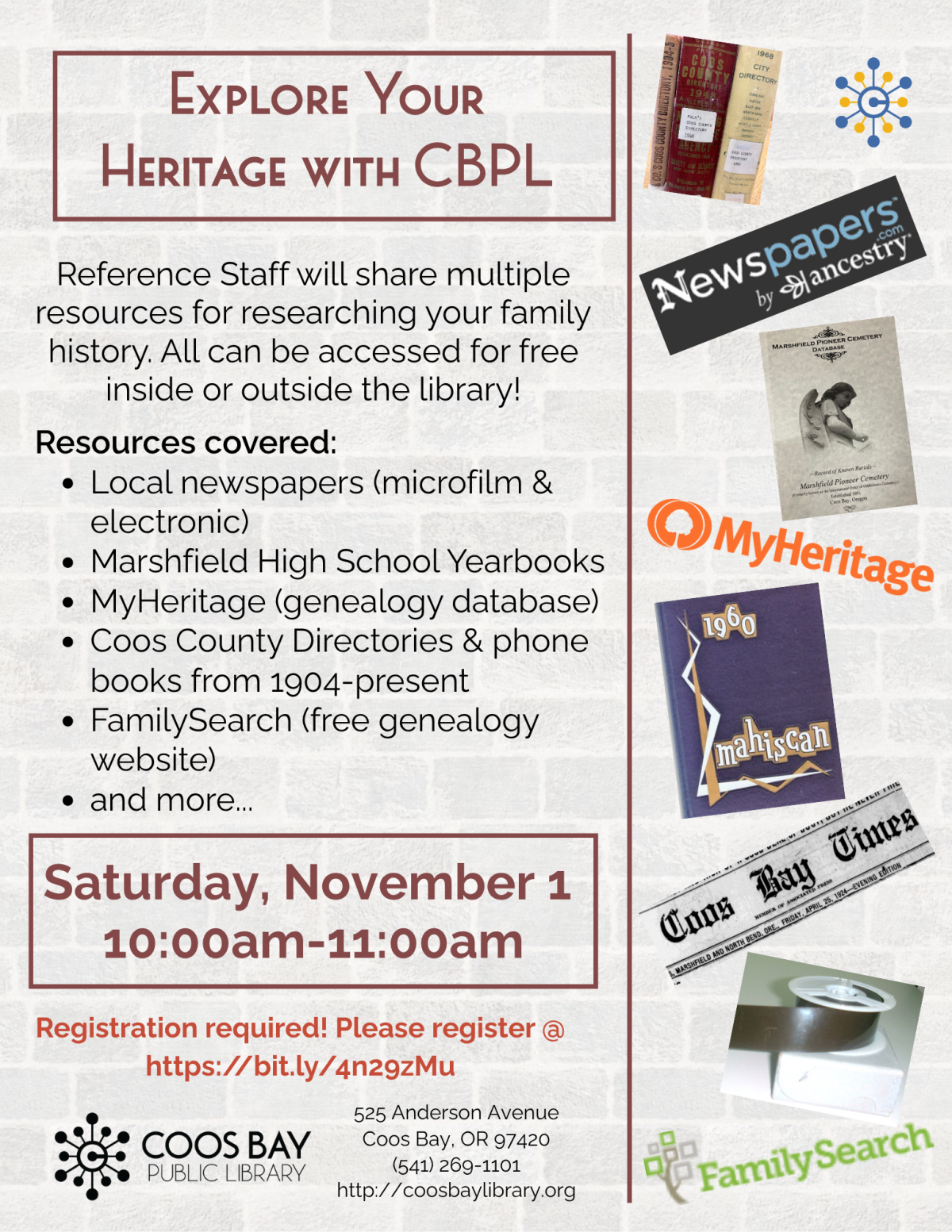 Program flyer w/images of various resources, program details, date, time, etc.