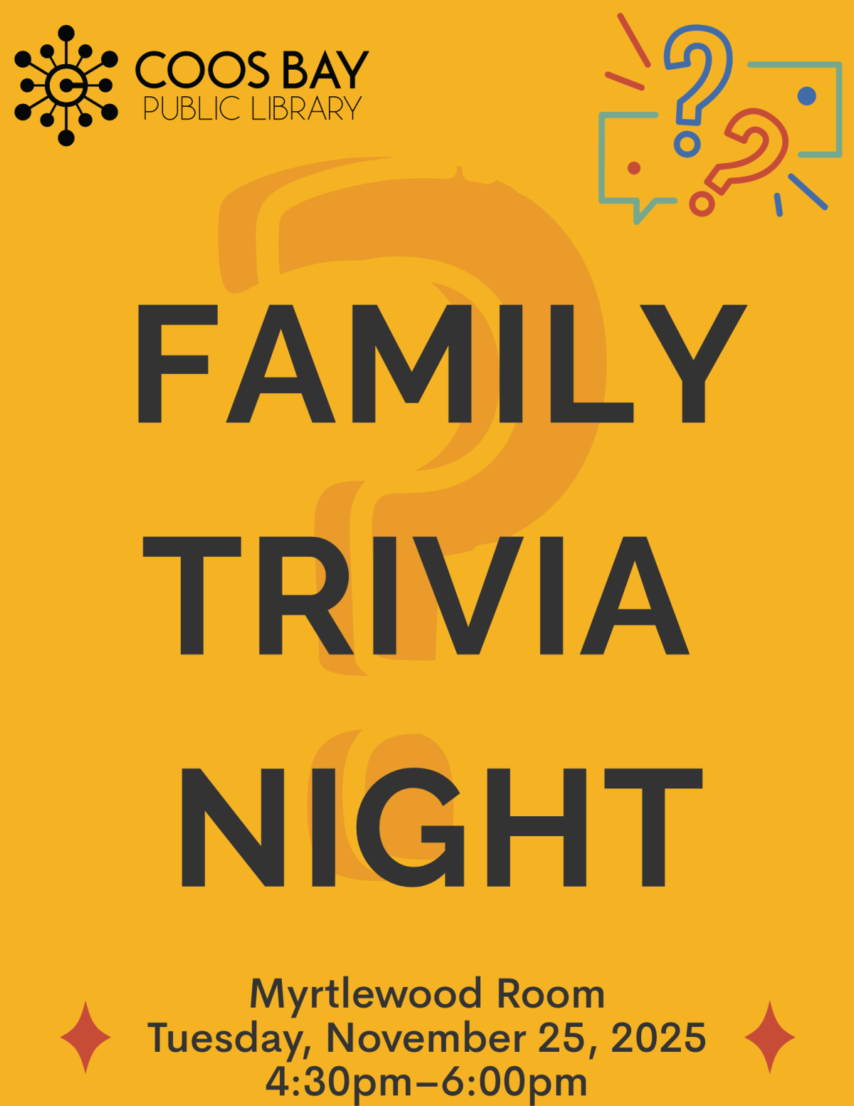 Family Trivia Night Flyer, Tuesday, November 25, 2025 4:30pm–6:00pm