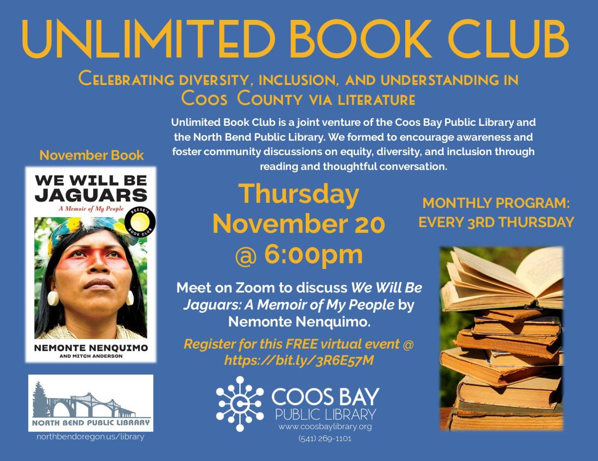 program flyer w/pic of book cover and another pic of stack of old books. Includes event details.