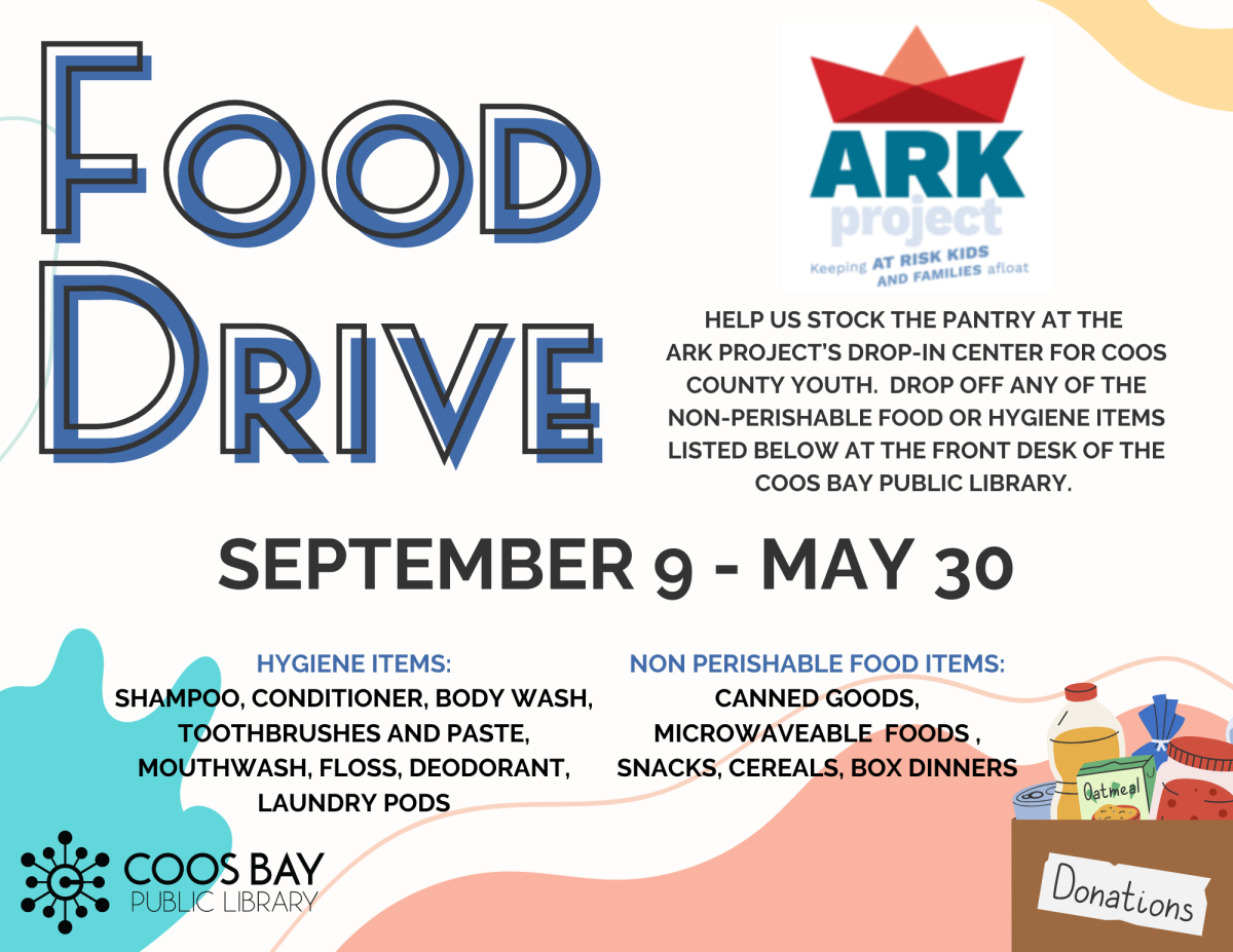 white background with text announcing food drive for the Ark Project for Coos County Youth