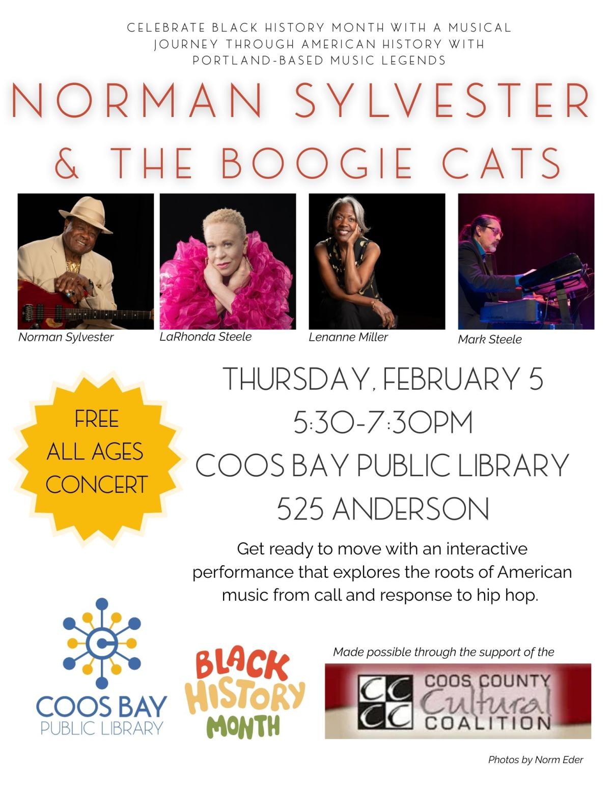 Norman Sylvester and the Boogie Cats, Thursday, February 5, 5:30-7:30pm All ages