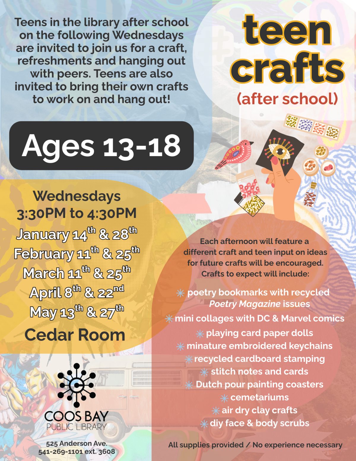 flyer stating teen programming on select wednesdays each  month from 3:30 to 4:30 at the library