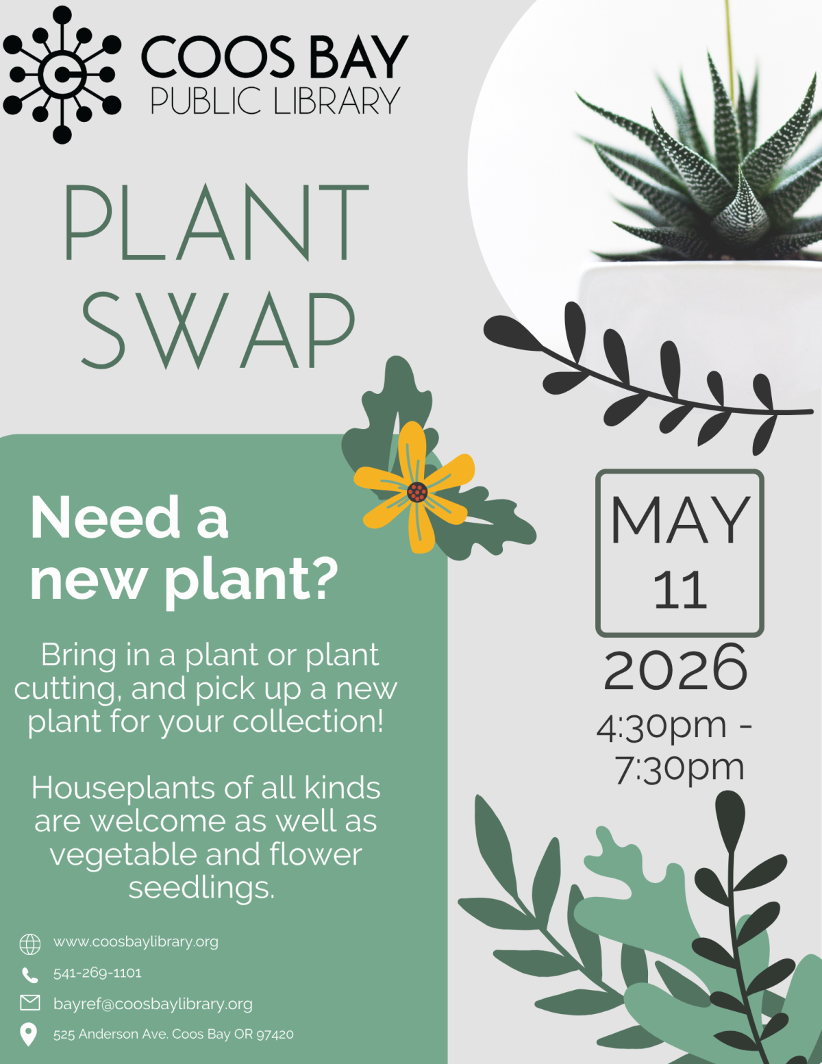 Plant Swap 2026 graphic with date (May 11) and time (4:30pm - 7:30pm)