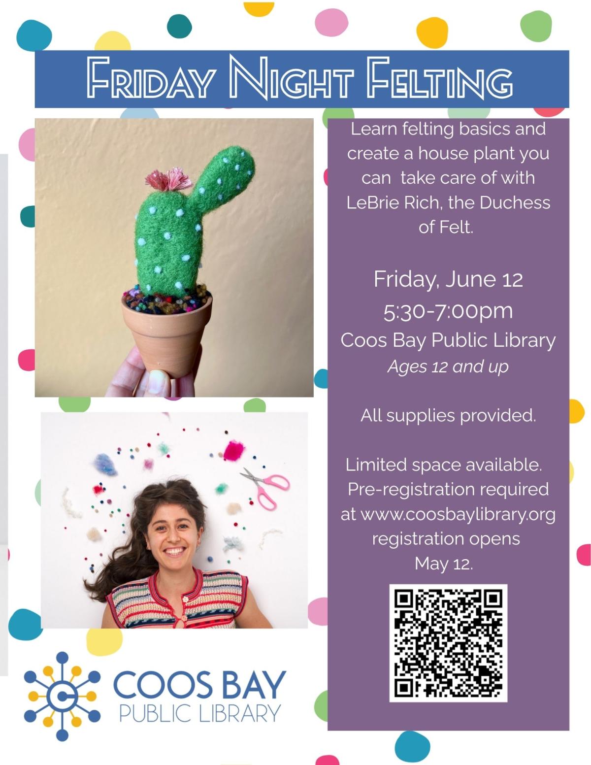 Friday Night Felting, Teens and adults ages 12-Adult, June 12, 5:30pm