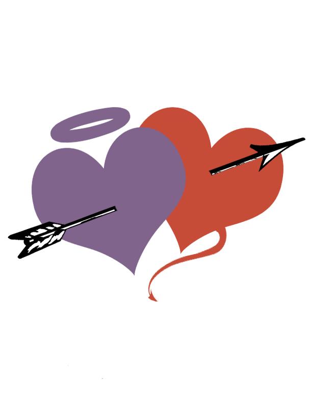 One purple heart with a halo slightly overlapping  one red heart with a devil's tail.